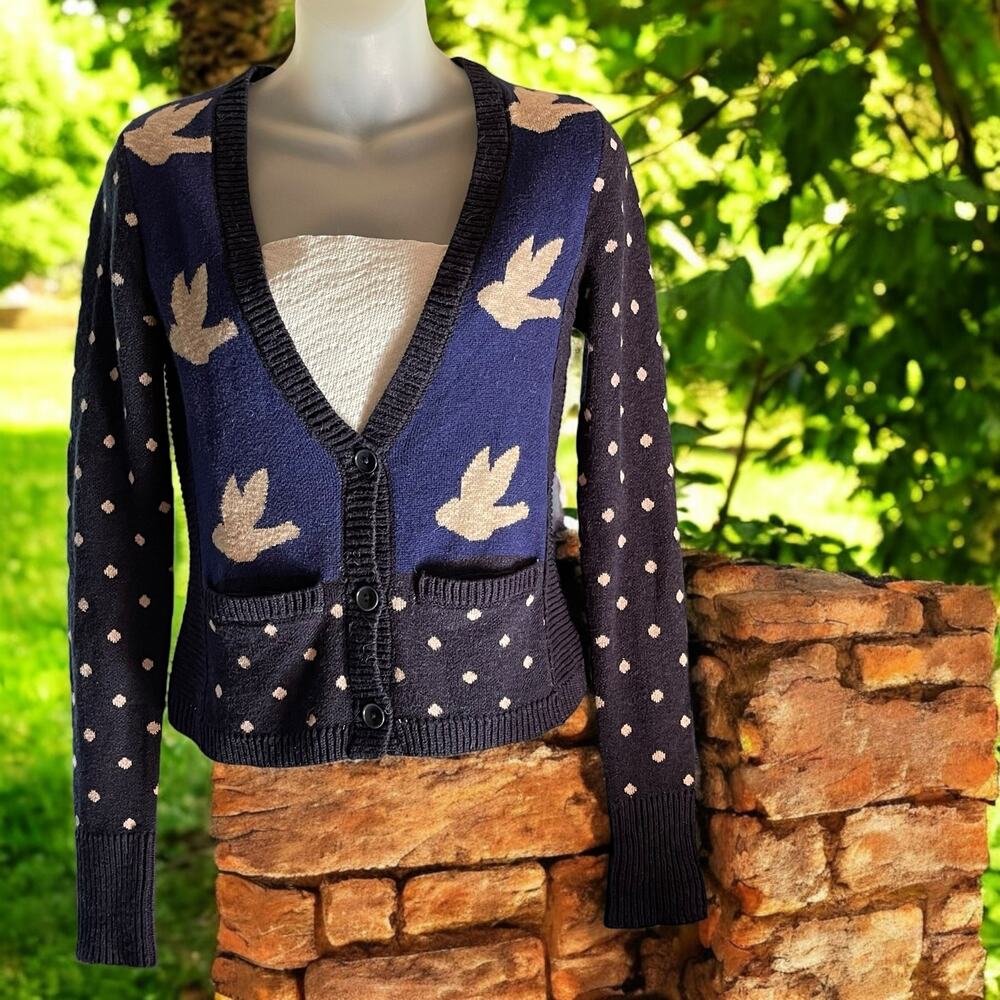 Anthropologie Leifnotes Blue Black White Bird Flying Sweater Cardigan Size XS